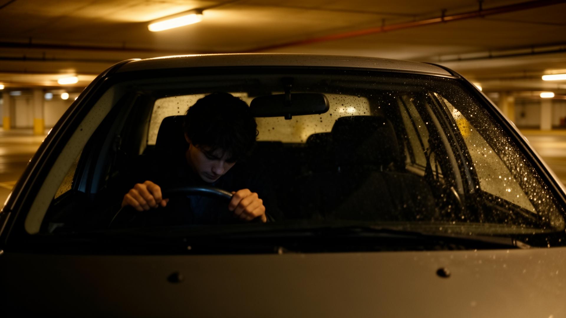 A person sitting alone in a parked car at night with a rain-streaked windshield