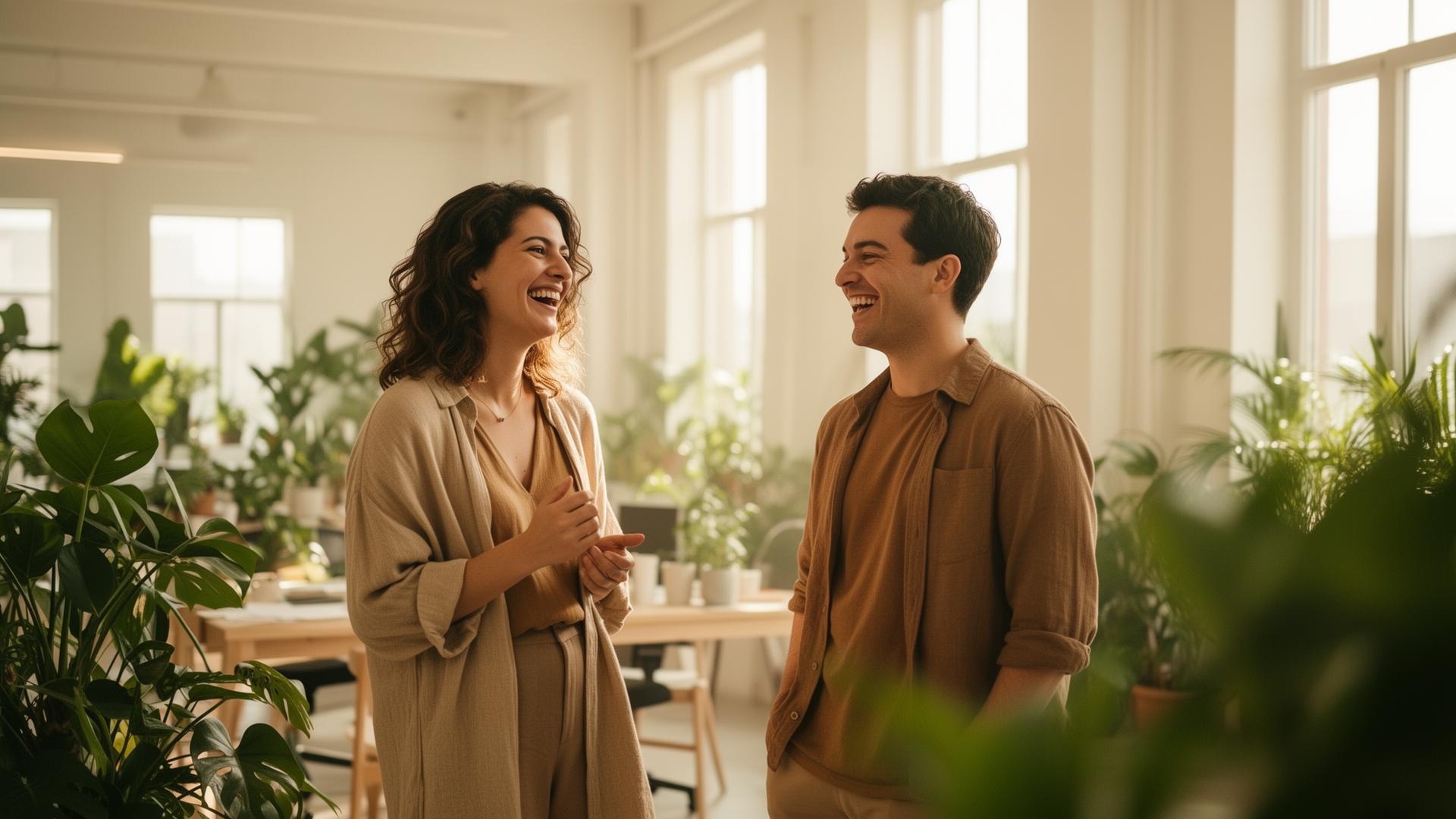 Two people laughing together in a bright airy studio office filled with daylight and plants